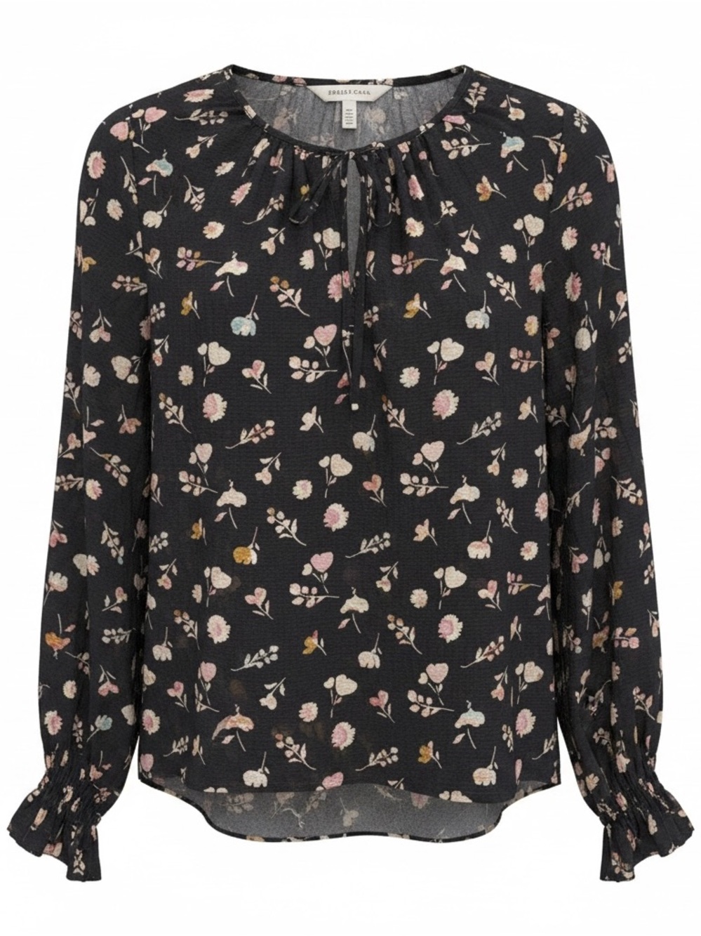 Women's Floral Tie-Neck Blouse - Black/Pink - Rebecca Taylor 100% silk